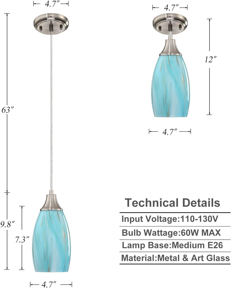 karyfine Mini Pendant Light,Handcrafted Art Glass Pendant Lighting Shade with Brushed Nickel Finished Teal Glass Ceiling Hanging lamp Adjustable Cord for Kitchen Island,Hallway,Dining Room - Image 2